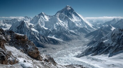 Majestic Mountain Vista: A breathtaking panoramic view of towering snow-capped peaks under a pristine blue sky, showcasing nature's grandeur and the raw beauty of the landscape.