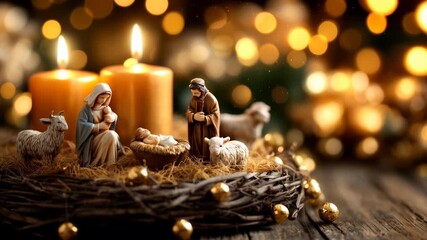 Traditional Christmas Nativity scene with Mary, Joseph, and baby Jesus, surrounded by sheep and warm glowing candles, set against a backdrop of festive golden bokeh lights, symbolizing peace, hope