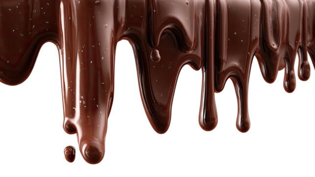 Decadent, glossy dark chocolate drips over a dark surface