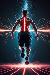 Vertical image of a human figure mid-jump from a burpee broad jump glowing red zone on the lower back motion trails showing explosive movement dark background with high contrast lighting abstract ener