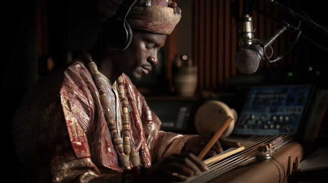 African musician recording traditional instruments in a professional studio, blending culture and technology