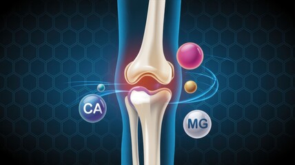 Illustration of a human knee joint with calcium and magnesium on a blue background with hexagons
