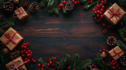 Cozy christmas frame with fir branches, berries, and gift boxes on dark wood background