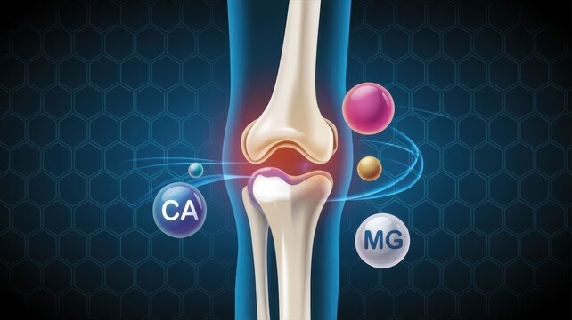 Illustration of a human knee joint with calcium and magnesium on a blue background with hexagons