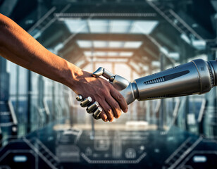 Human and robot shaking hands in a futuristic setting symbolizing collaboration and technological advancement