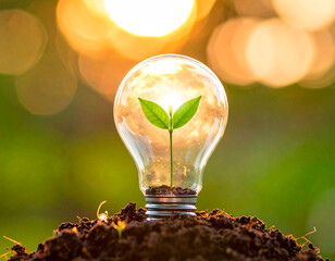Plant growing inside a light bulb, eco sustainability concept, green energy idea
