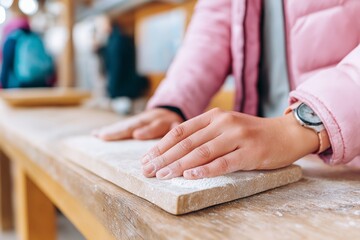 Hands pressing flour on a wooden board during a baking workshop, with a pink jacket and watch visible, capturing a moment of learning and hands-on experience in a warm, rustic kitchen environment