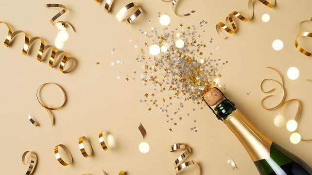 Champagne bottle popping with gold confetti and streamers celebration