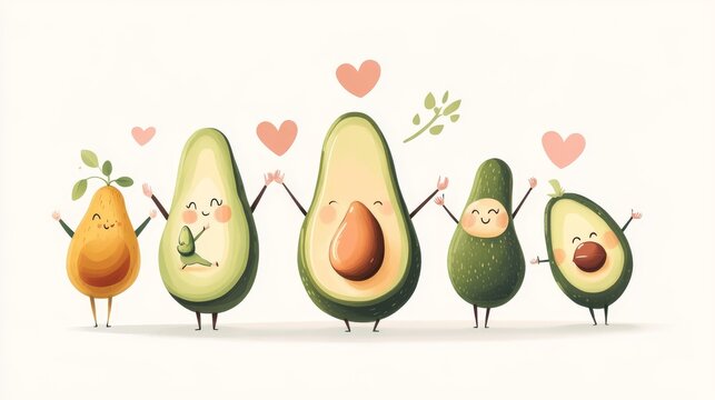 90.Heartwarming cartoon illustration of a family of avocados, each with its own personality, from yoga to sports, captured in a fun and colorful design, all enclosed in a heart-shaped frame for a