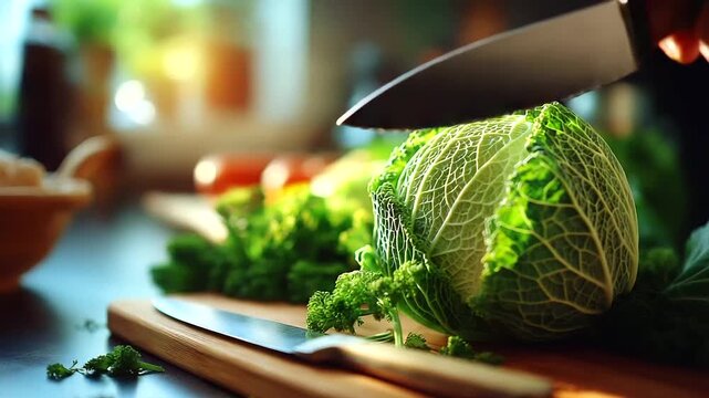 Fresh cut Savoy cabbage and knife on table, closeup, under soft natural light highlighting texture and freshness, serene culinary scene, calm table lighting, with copy space
