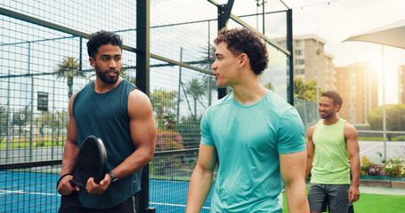 Padel, people or walk to court with conversation for sports game, friendly match or competition practice. Active, friends outdoor or workout with discussion for tennis fitness, tournament or training