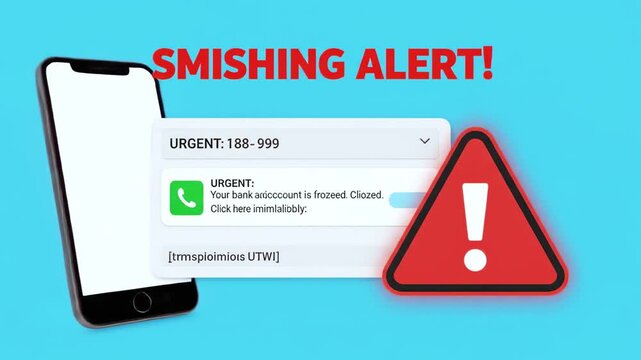 Digital depiction of a mobile alert indicating an urgent bank account issue.  Warning and a phone icon