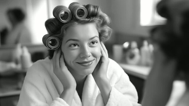 Woman using hot rollers at vanity mirror, smile and anticipation, 1950s home beauty ritual, femininity and grace, classic self-care, vintage lifestyle, timeless charm, with copy sp