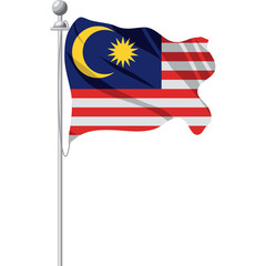 Malaysia Flag Waving on Pole With Transparent Background National Symbol of Malaysia Star and Crescent Moon in Blue Yellow Red White Stripes
