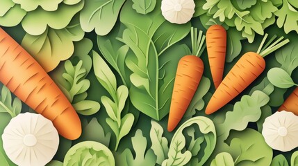 52.A detailed and artistic depiction of various organic vegetables, including carrots, zucchinis, and lettuce leaves, created with hand-drawn, paper-cut layers and bold, vibrant hues.