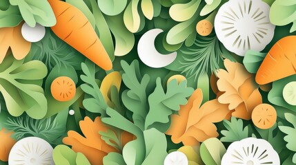 52.A detailed and artistic depiction of various organic vegetables, including carrots, zucchinis, and lettuce leaves, created with hand-drawn, paper-cut layers and bold, vibrant hues.