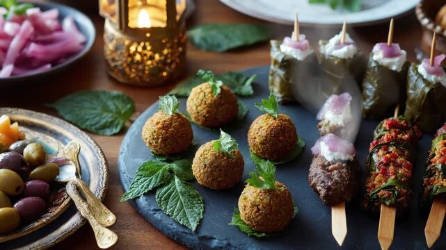 A visually rich spread of diverse and appealing appetizers is artfully arranged on a rustic wooden table, illuminated by the warm glow of a decorative lantern. The exquisite selection features golden-