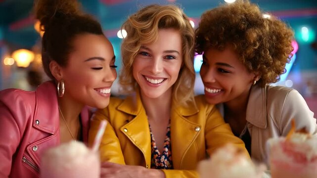 Group of friends in poodle skirts and leather jackets at retro diner, jukebox glowing behind, milkshakes on counter, 1950s teen culture, rock and roll energy, classic Americana sty