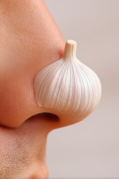 Close-up of a human nose with a garlic bulb fitted onto its tip, against a soft neutral background, representing surreal humor, strong smell and playful visual metaphor