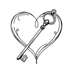 key inside heart, heart key, secret love, hidden emotions, love symbol, romantic illustration, minimal line art, black and white vector, outline drawing, vintage key, heart shape, love lock concept, r
