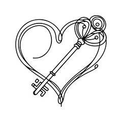 key inside heart, heart key, secret love, hidden emotions, love symbol, romantic illustration, minimal line art, black and white vector, outline drawing, vintage key, heart shape, love lock concept, r