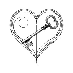 key inside heart, heart key, secret love, hidden emotions, love symbol, romantic illustration, minimal line art, black and white vector, outline drawing, vintage key, heart shape, love lock concept, r