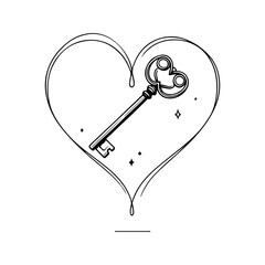 key inside heart, heart key, secret love, hidden emotions, love symbol, romantic illustration, minimal line art, black and white vector, outline drawing, vintage key, heart shape, love lock concept, r