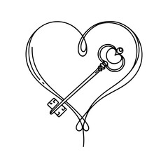 key inside heart, heart key, secret love, hidden emotions, love symbol, romantic illustration, minimal line art, black and white vector, outline drawing, vintage key, heart shape, love lock concept, r