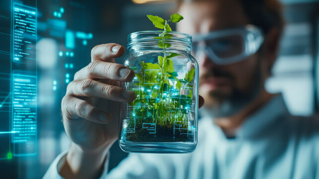 Scientist examines innovative plant growth in laboratory using advanced technology to enhance agricultural research