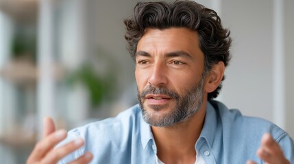 Middle-aged man in light blue shirt speaking with expressive gestures, calm yet intense expression, natural daylight in modern bright interior creates a professional and engaging atmosphere