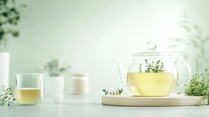 Fototapeta premium 25.Yellow Herbal Tea with Thyme in Glass Teapot