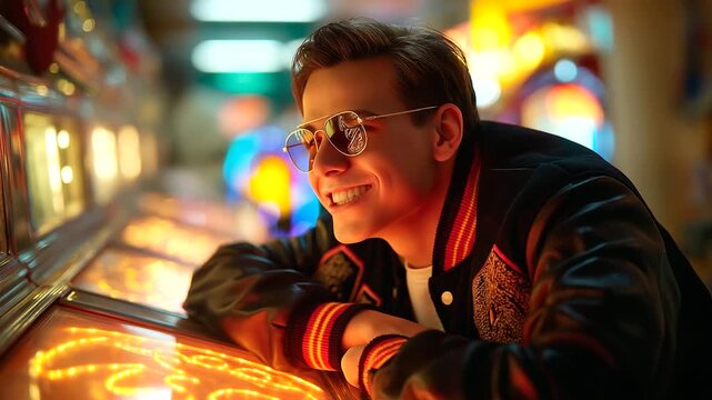 Man wearing vintage varsity jacket leaning on jukebox, neon glow and laughter, 1950s youth culture, nostalgia and energy, timeless confidence, retro nightlife, rock and roll aesthe