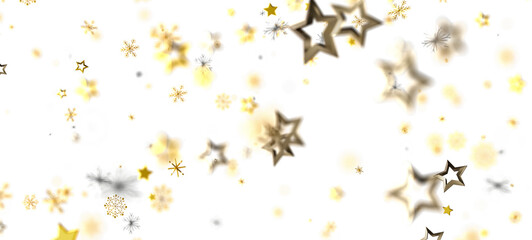 Festive background of falling golden stars and snowflakes on a bright white backdrop. Perfect for holiday designs, New Year greetings, and winte