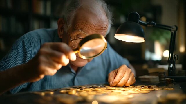 Elderly man examining antique coin collection under desk lamp, magnifying glass in hand, nostalgia and precision, heritage hobby, timeless passion, craftsmanship and patience, vint