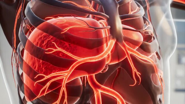Cinematic Slow Motion Render of Human Heart and Blood Vessels Illustrating Metabolic Disorder Concept and Cardiovascular Health Science Medical Education