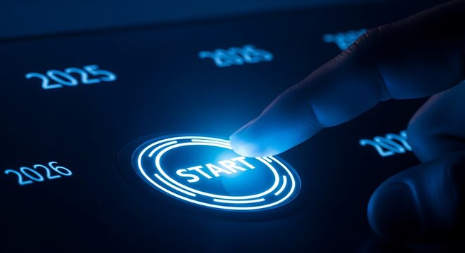 Finger pressing a glowing blue start button on a futuristic digital interface with upcoming years displayed