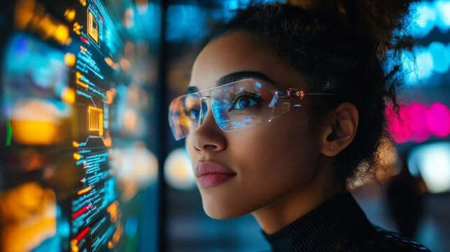 Young woman explores digital data visuals in a vibrant urban setting during evening hours