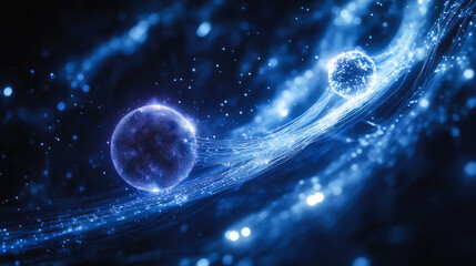 Digital illustration of atomic structure with glowing particles and light trails in dark background