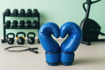 Blue boxing gloves heart shape symbolizes passionate dedication to fitness and a healthy lifestyle within a vibrant modern gym space with essential workout equipment