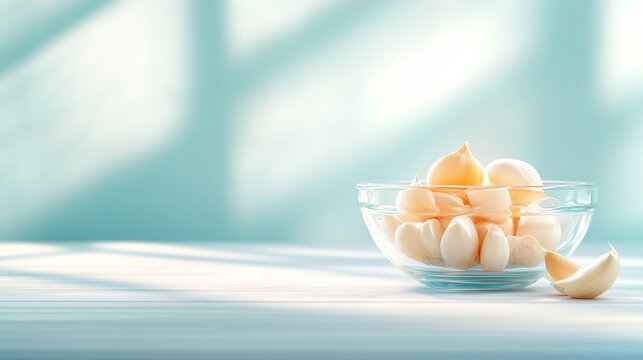 35.A serene culinary scene showing a glass bowl containing garlic cloves, with some peeled cloves resting beside it on a smooth white wooden surface, evoking a sense of home cooking.