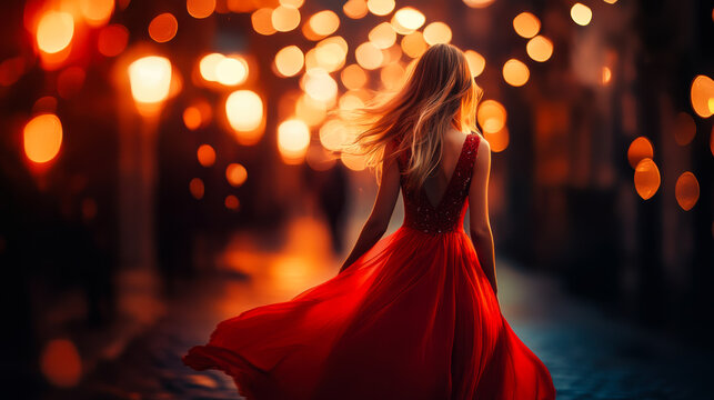 Woman in flowing red dress dances on a city street illuminated by warm lights at dusk - Powered by Adobe