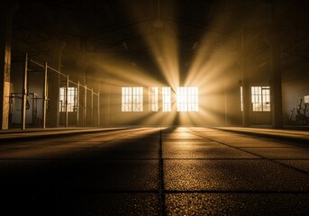 Dramatic gym interior with sunlight streaming through the windows