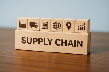 Essential Supply Chain Concepts depicted on natural wooden blocks visually illustrate global logistics, encompassing manufacturing, delivery, and strategic business growth for efficiency