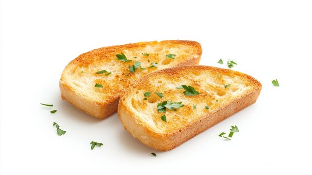 44.A close-up shot of two golden-brown slices of garlic bread, garnished with fresh parsley, resting on a pristine white background, highlighting the crispy texture and savory details.