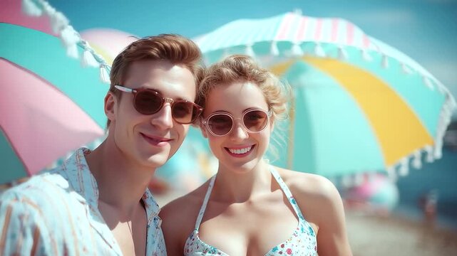 Couple posing in vintage swimwear by seaside, pastel tones and parasols, 1960s summer style, carefree leisure, timeless beauty, cinematic nostalgia, seaside charm, with copy space