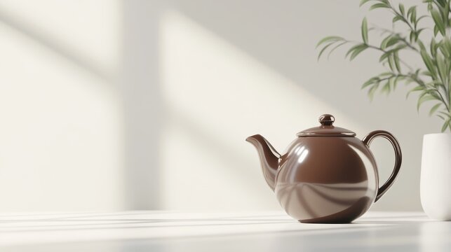 76.A simple, elegant shot of a Chinese brown teapot, featuring a rounded, sturdy design with a curved handle and spout, presented in a minimalist style with a pristine white background to emphasize