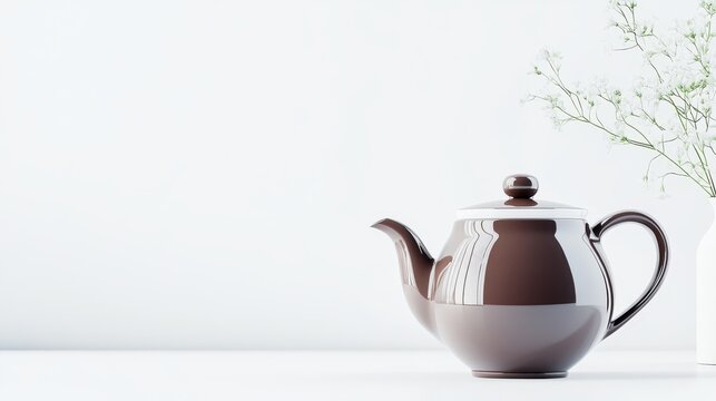 76.A simple, elegant shot of a Chinese brown teapot, featuring a rounded, sturdy design with a curved handle and spout, presented in a minimalist style with a pristine white background to emphasize