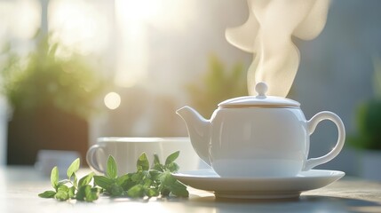 Fototapeta premium 91.Vintage Tea Kettle with Hot Steam, Cup, and Herbs