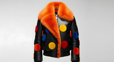 Fashionable bomber jacket with vibrant polka dot pattern and luxurious orange fur collar