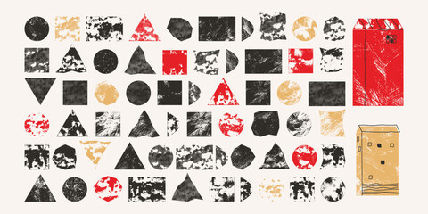 Modern vector set featuring abstract geometric shapes and simple building forms. Rough textures, imperfect edges, and earthy colors. Perfect for posters, patterns, collage art